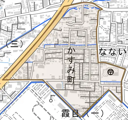かすみ町とその周辺の地図。町の範囲を重ねている