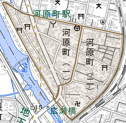 河原町とその周辺の地図。町の範囲を重ねている