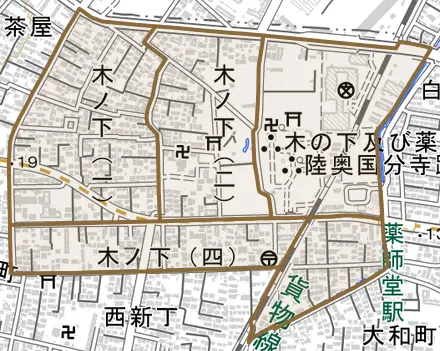 木ノ下とその周辺の地図。町の範囲を重ねている