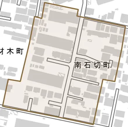 南石切町とその周辺の地図。町の範囲を重ねている