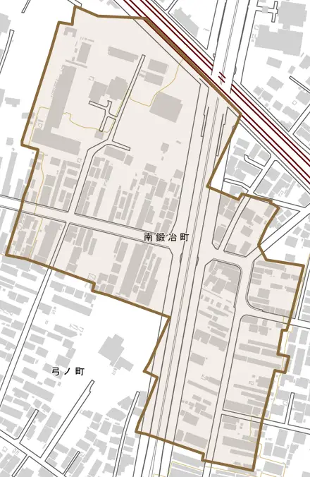 南鍛冶町とその周辺の地図。町の範囲を重ねている