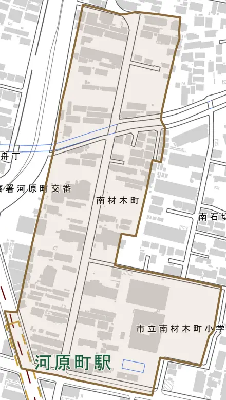 南材木町とその周辺の地図。町の範囲を重ねている