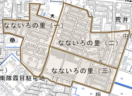 なないろの里とその周辺の地図。町の範囲を重ねている