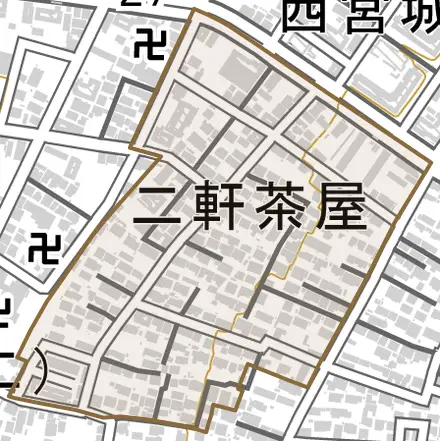 二軒茶屋とその周辺の地図。町の範囲を重ねている