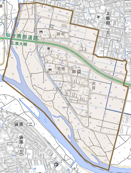 日辺とその周辺の地図。町の範囲を重ねている