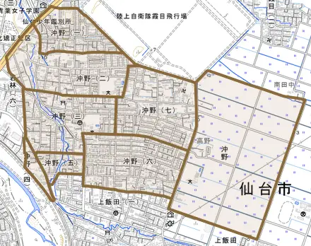 沖野とその周辺の地図。町の範囲を重ねている