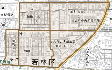 卸町とその周辺の地図。町の範囲を重ねている