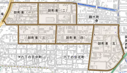 卸町東とその周辺の地図。町の範囲を重ねている