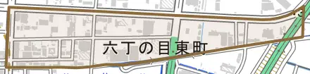 六丁の目東町とその周辺の地図。町の範囲を重ねている