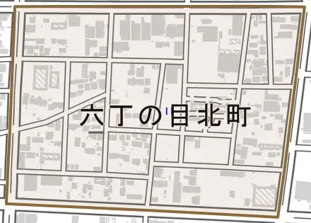 六丁の目北町とその周辺の地図。町の範囲を重ねている