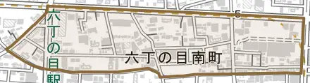 六丁の目南町とその周辺の地図。町の範囲を重ねている