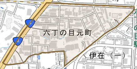 六丁の目元町とその周辺の地図。町の範囲を重ねている