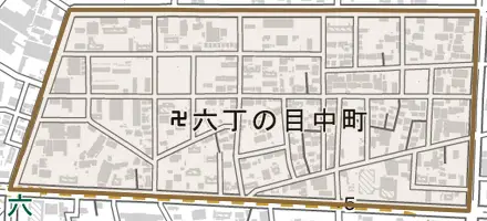 六丁の目中町とその周辺の地図。町の範囲を重ねている