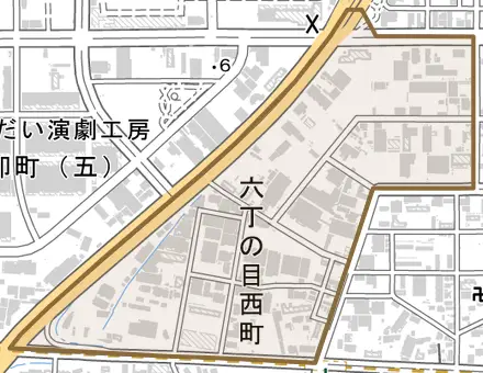 六丁の目西町とその周辺の地図。町の範囲を重ねている