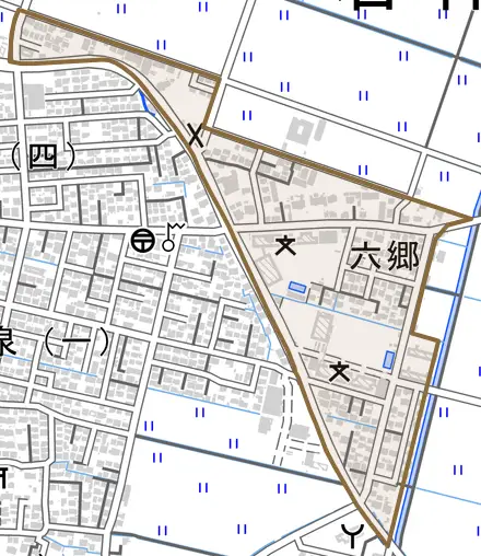 六郷とその周辺の地図。町の範囲を重ねている