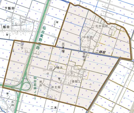 三本塚とその周辺の地図。町の範囲を重ねている