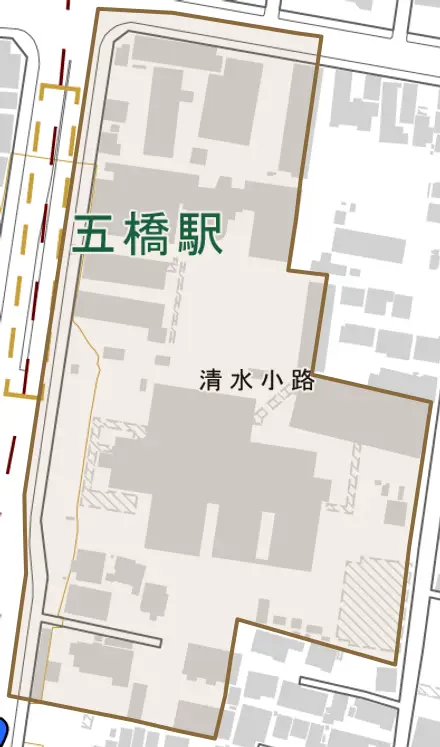 清水小路とその周辺の地図。町の範囲を重ねている