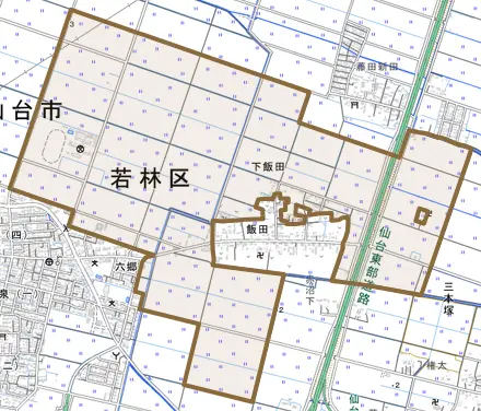 下飯田とその周辺の地図。町の範囲を重ねている