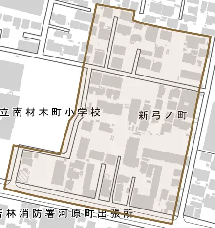 新弓ノ町とその周辺の地図。町の範囲を重ねている