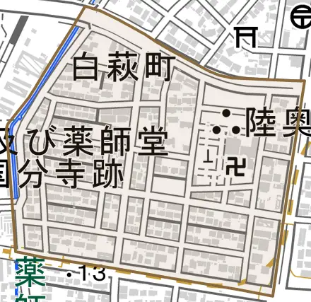 白萩町とその周辺の地図。町の範囲を重ねている
