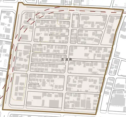 志波町とその周辺の地図。町の範囲を重ねている