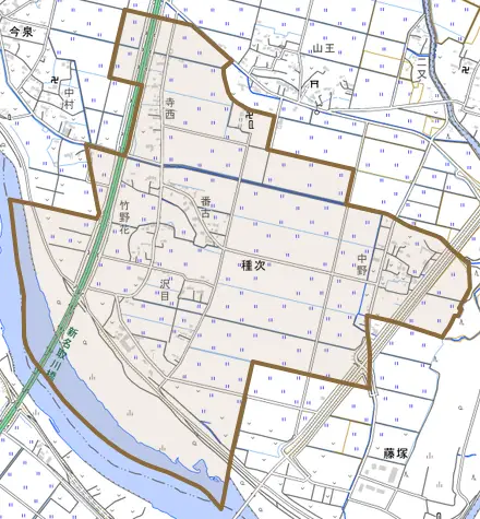 種次とその周辺の地図。町の範囲を重ねている