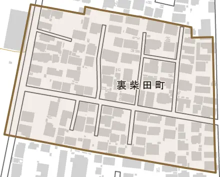 裏柴田町とその周辺の地図。町の範囲を重ねている