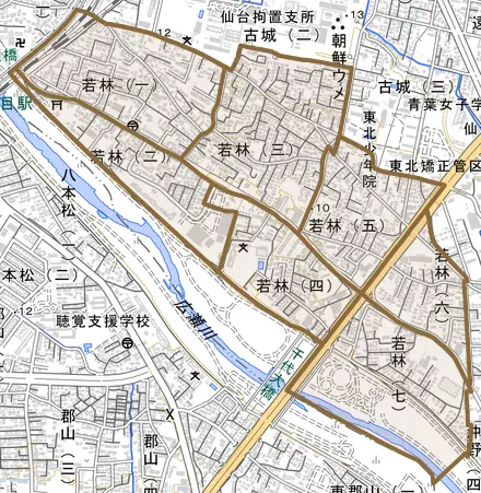 若林とその周辺の地図。町の範囲を重ねている