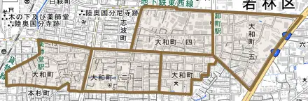 大和町とその周辺の地図。町の範囲を重ねている