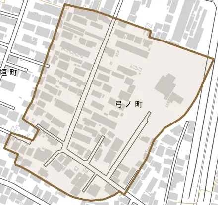 弓ノ町とその周辺の地図。町の範囲を重ねている