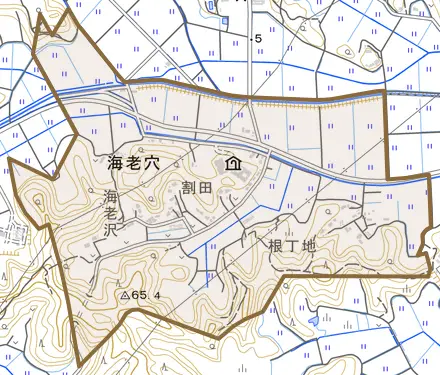 大字海老穴とその周辺の地図。町の範囲を重ねている