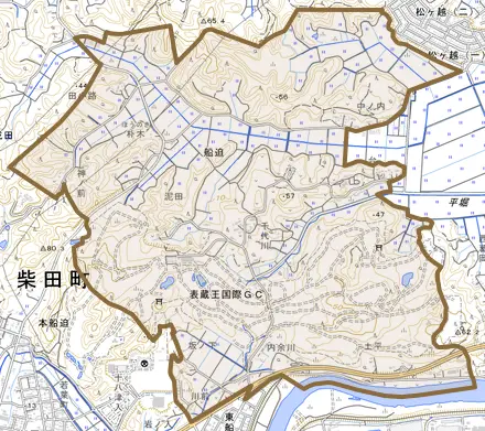 大字船迫とその周辺の地図。町の範囲を重ねている