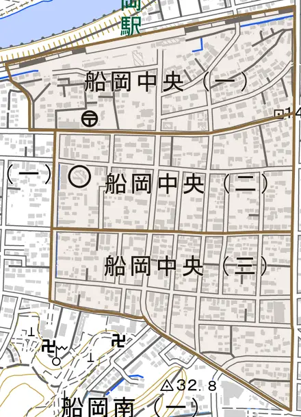 船岡中央とその周辺の地図。町の範囲を重ねている