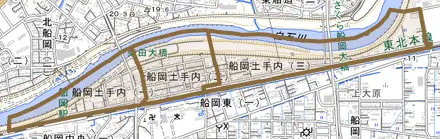 船岡土手内とその周辺の地図。町の範囲を重ねている