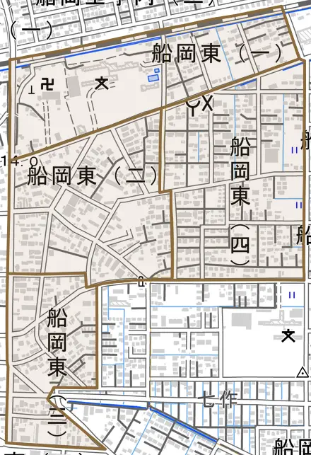 船岡東とその周辺の地図。町の範囲を重ねている