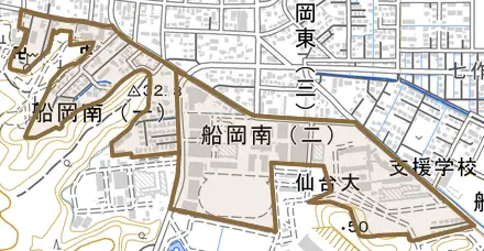 船岡南とその周辺の地図。町の範囲を重ねている