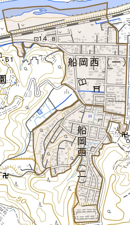 船岡西とその周辺の地図。町の範囲を重ねている