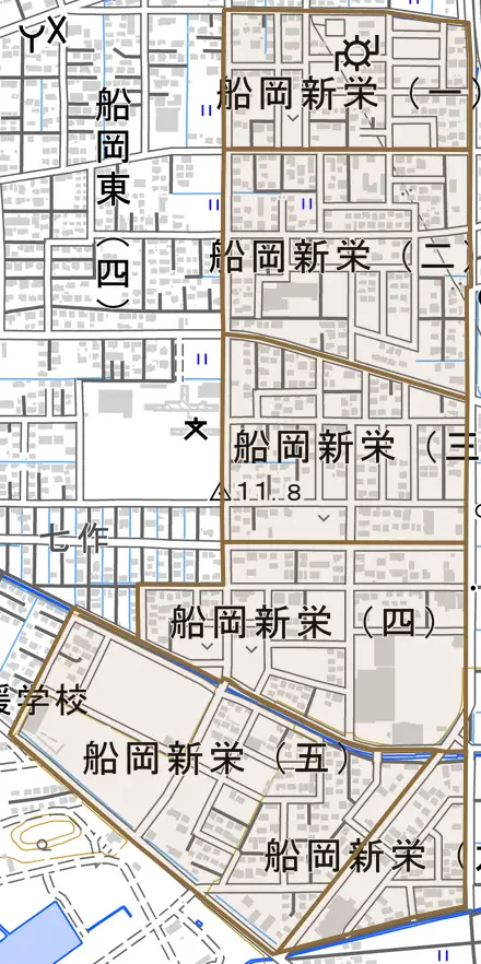 船岡新栄とその周辺の地図。町の範囲を重ねている