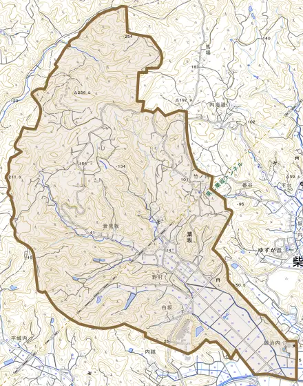 大字葉坂とその周辺の地図。町の範囲を重ねている