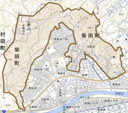 大字本船迫とその周辺の地図。町の範囲を重ねている