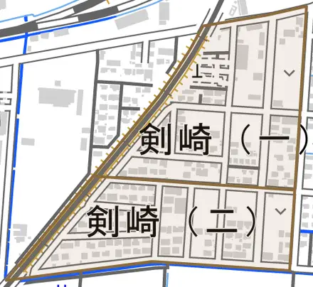 剣崎とその周辺の地図。町の範囲を重ねている
