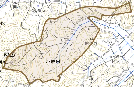 大字小成田とその周辺の地図。町の範囲を重ねている