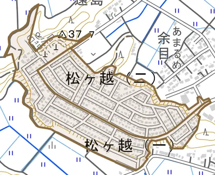 松ケ越とその周辺の地図。町の範囲を重ねている