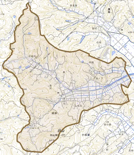 大字成田とその周辺の地図。町の範囲を重ねている