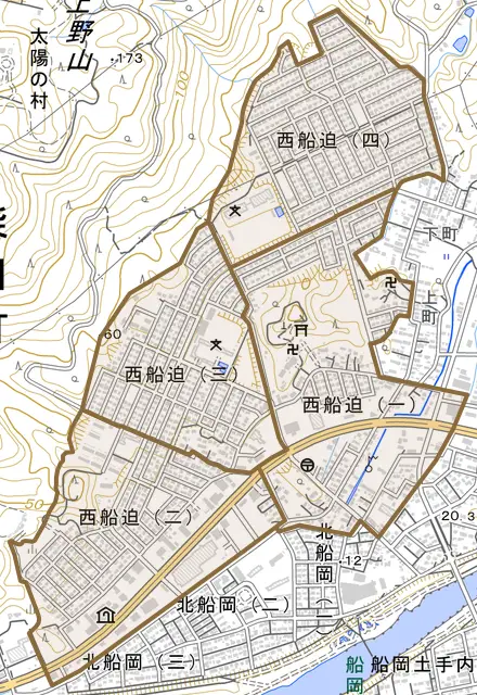 西船迫とその周辺の地図。町の範囲を重ねている