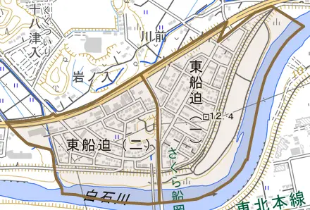 東船迫とその周辺の地図。町の範囲を重ねている