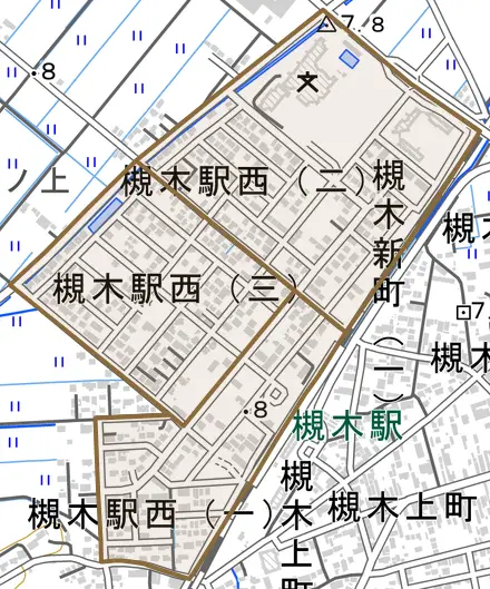 槻木駅西とその周辺の地図。町の範囲を重ねている