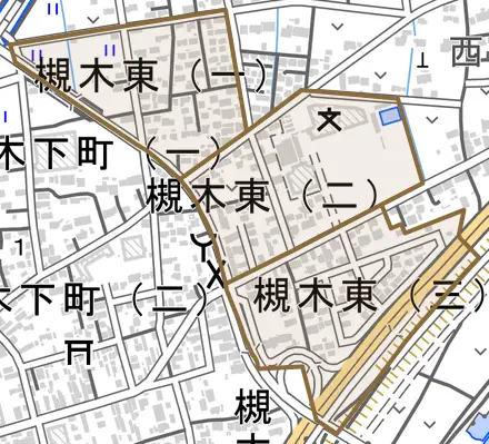 槻木東とその周辺の地図。町の範囲を重ねている