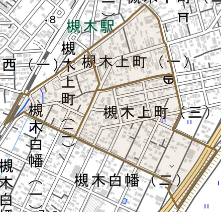 槻木上町とその周辺の地図。町の範囲を重ねている