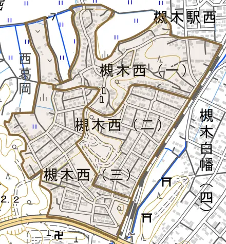 槻木西とその周辺の地図。町の範囲を重ねている